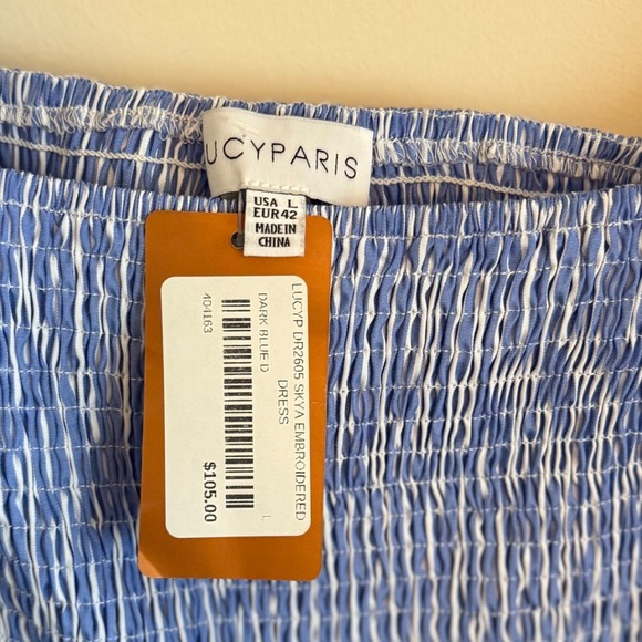 Lucy Paris Skya Embroidered Striped Mini Dress Smocked Puff Sleeve Sz L NWT - Picture 10 of 12